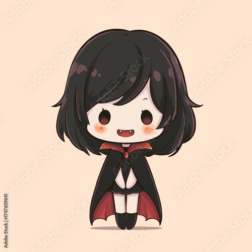 cute chibi vampire with tiny fangs, shy smile, short cape, kawaii cartoon halloween style vector illustration