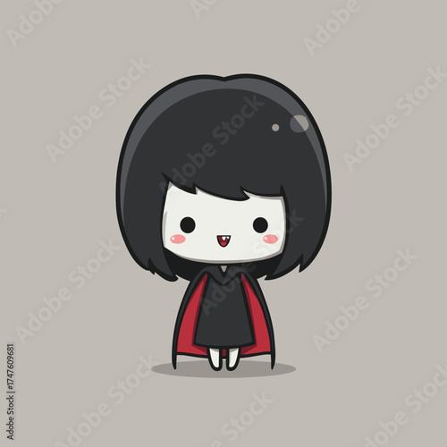 cute chibi vampire with tiny fangs, shy smile, short cape, kawaii cartoon halloween style vector illustration