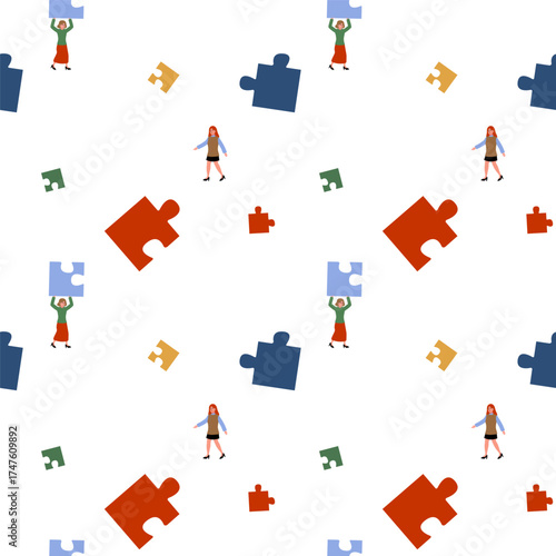 Puzzle pieces scattered across a white background with figures walking among them