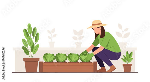 Illustration of a woman gardening and tending to plants in a raised garden bed with care in a