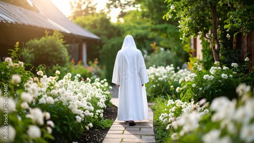 A figure in white robes walks on a path through a flower garden
