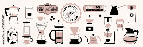 Сoffee сoncept illustrations, icons, stickers for menu, kitchen, cafe, poster and coffeeshop design. Character with coffee mug. Drip coffee, stovetop espresso maker. Vector minimalist art.