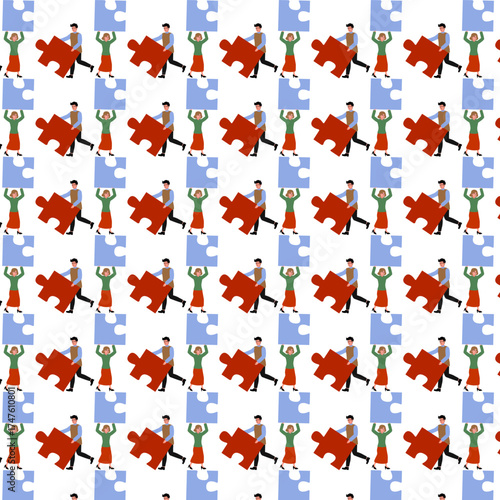 Creative pattern of people carrying puzzle pieces in vibrant colors and playful design style