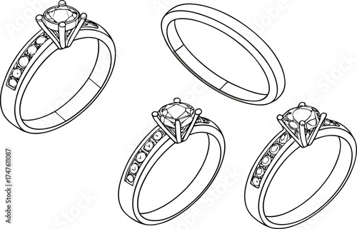 Hand drawn vector illustration of a diamond engagement ring alongside a vintage food sketch set of fruits and vegetables like apple and banana