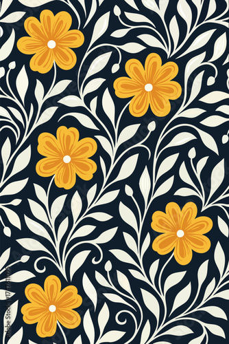 A vibrant, classic seamless floral pattern with a damask-inspired design. Features bold yellow flowers and elegant white leaves contrasting beautifully against a deep navy blue background. Ideal for t