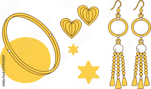 Golden heart-shaped jewelry set with diamond earrings, necklace, and pendant