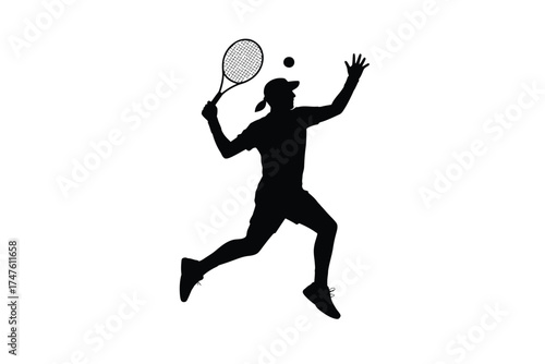 Black silhouette of tennis player mid serve with racket and ball white