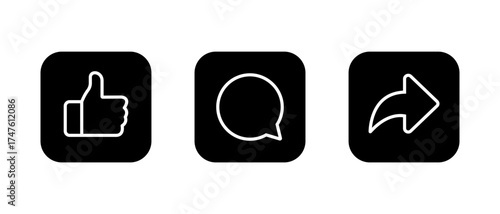 Like, comment, and share icon in black square. Social media activity and feedback symbol