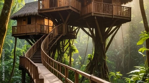 Wooden treehouse structure in a vibrant rainforest setting with lush greenery