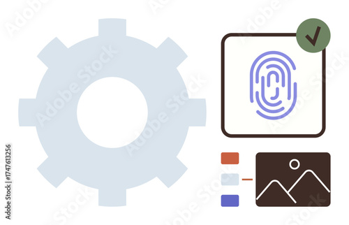 Large gear, fingerprint scanning with checkmark, data chart, and image thumbnail. Ideal for security, authentication, technology, automation, identity verification data analysis digital solutions