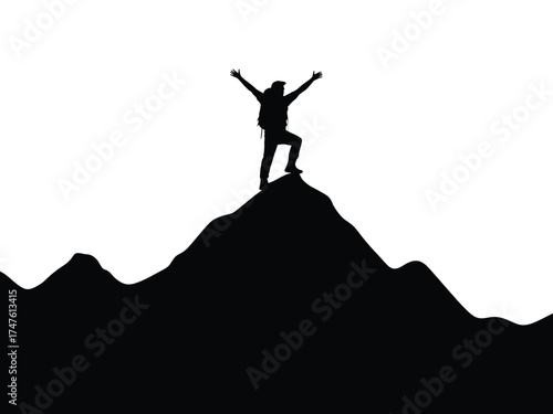 Black silhouette of triumphant hiker celebrating on mountain peak summit