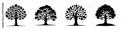 Four stylized black tree silhouettes on a white background.