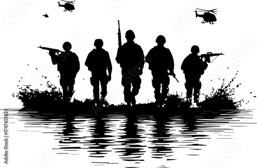 silhouette of a military man in the water, silhouette, illustration, vector, nature, black, design, art, bird, plant, pattern, flower, tree, halloween, animal