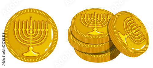 Hanukkah Gelt Chocolate Coins Illustration - Golden Holiday Treats with Menorah Symbol Design