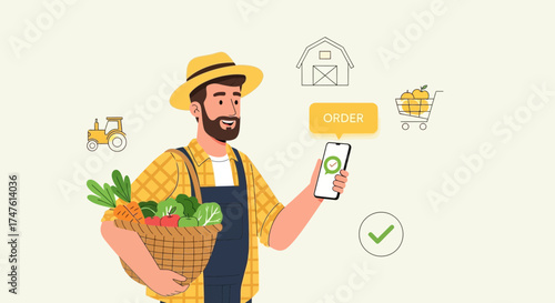 Cartoon farmer using a mobile app for online order and delivery, showcasing farm fresh produce and