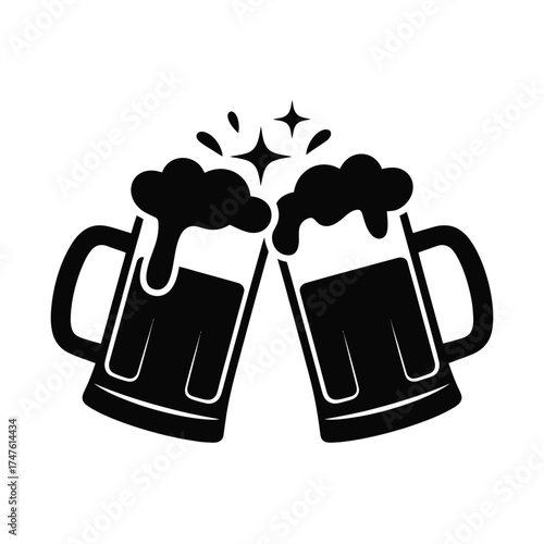 Black silhouette of two frothy beer mugs clinking toast celebration