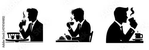 Silhouette of a man drinking coffee in different poses.