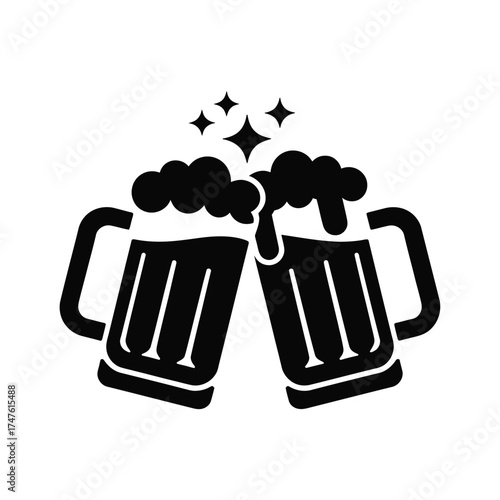 Black silhouette of two frothy beer mugs clinking together beverage celebration