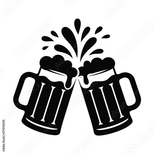 Black silhouette of two frothy beer mugs clinking together toast celebration