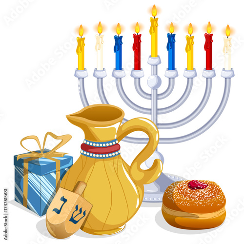 Hanukkah Traditional Elements Composition - Menorah, Oil Pitcher, Dreidel, Sufganiyah & Gift Illustration