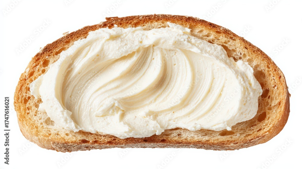 Fototapeta premium Top View of Toasted Bread Slice with Cream Cheese on White Background