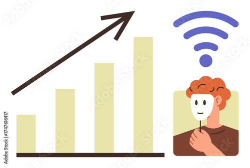 Bar chart with upward arrow alongside a person holding a mask and connected by a wireless signal. Ideal for growth, online identity, technology, anonymity, social media, data analysis, digital