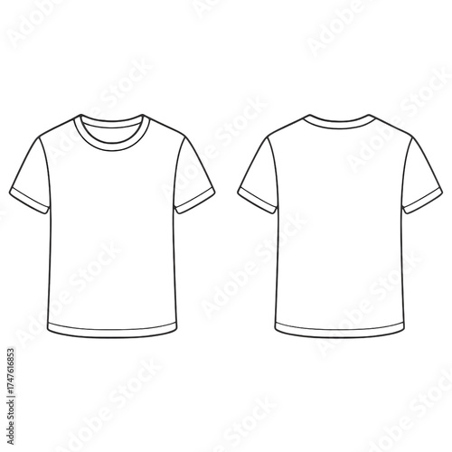 Blank t-shirt template front and back view for clothing design and apparel mockups isolated