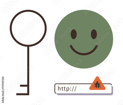 Key, green happy face, and malware alert sign on URL bar. Ideal for cybersecurity, hacking awareness, online threats, malware detection, internet safety, data protection simple flat metaphor