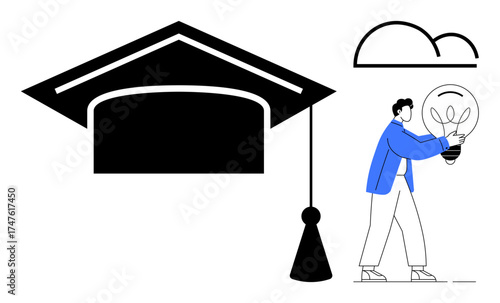 Large graduation cap symbolizes education. Person holding light bulb shows creativity, ideas, and solutions. Ideal for learning, innovation, success, knowledge growth, self-development academic