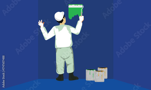 Professional worker painting interior wall with roller brush, ideal for construction, renovation, safety training, architecture, and home improvement design projects.