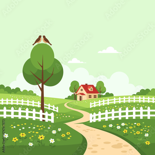 A picturesque landscape with a charming house and a winding path leading to it.