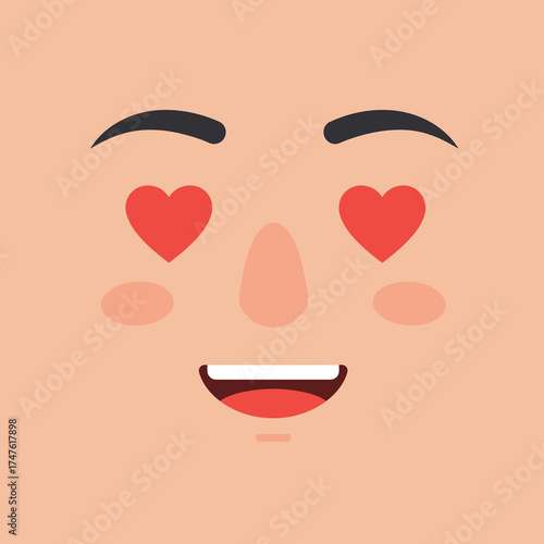 A cute cartoon character's face with red heart-shaped eyes and a happy smile, expressing love and adoration.