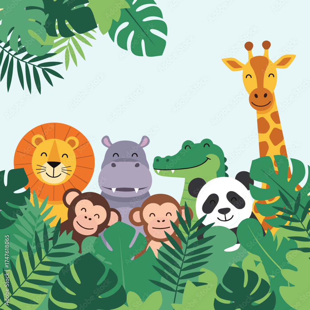 Fototapeta premium A vibrant jungle scene filled with friendly cartoon animals peeking through lush foliage.