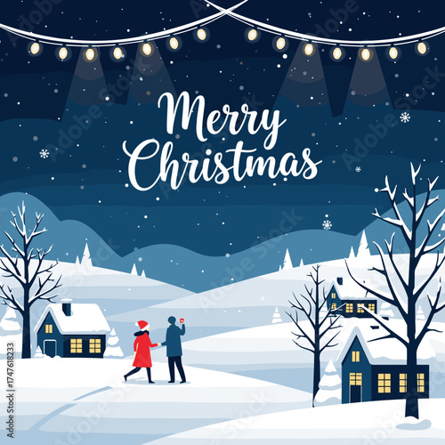 A beautiful winter wonderland scene with a couple walking and enjoying the snowy landscape with holiday lights overhead.