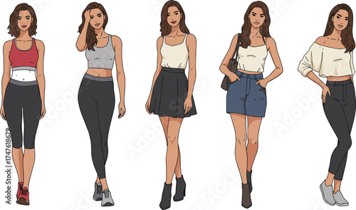 Fashionable women in casual and semi-casual outfits standing side by side showcasing modern streetwear and trendy everyday style illustration