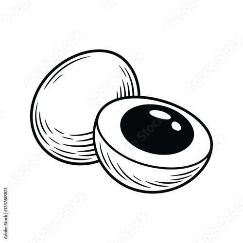 Hand drawn illustration of a whole egg and a halved egg with a dark yolk
