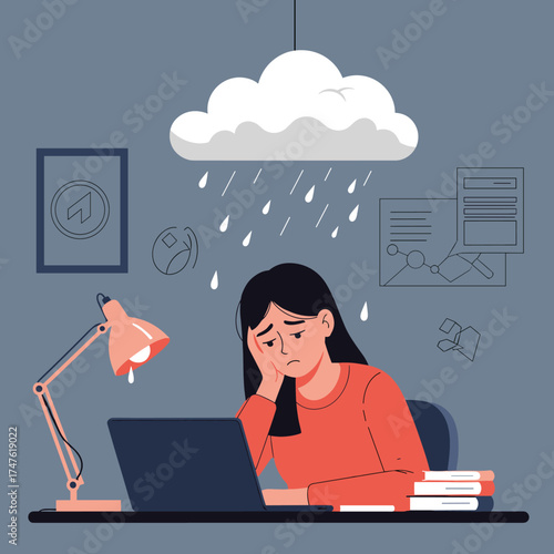 Young woman feeling overwhelmed and stressed working late at night under a rain cloud.