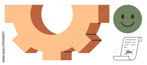 Gear signifies processes, happy face implies positivity, and the signed document suggests agreement. Ideal for teamwork, efficiency, positivity, collaboration, agreements, processes motivation