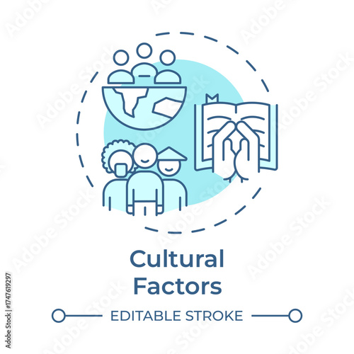 Cultural factors soft blue concept icon. Social norms, community. Subculture, traditions. Round shape line illustration. Abstract idea. Graphic design. Easy to use in infographic, article