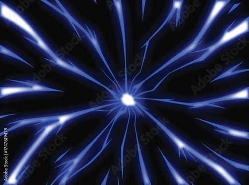 Lightning energy effect background, Powerful electric energy blast with bright glowing cracksthunder Lightning Bolt on Black Background, anime lightning style