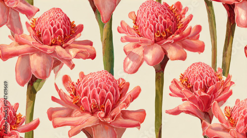 Fototapeta Naklejka Na Ścianę i Meble -  Seamless Pink torch ginger flowers in full bloom with delicate petals and green stems on a light background in watercolor repeat 