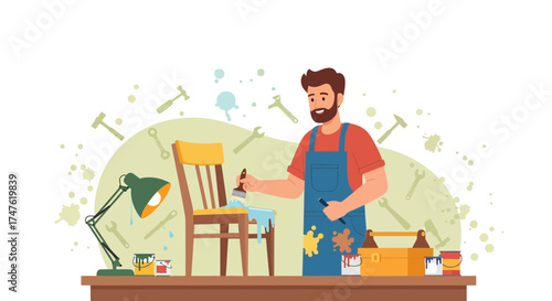 Cartoon man painting chair in workshop illustrating restoration craftsmanship