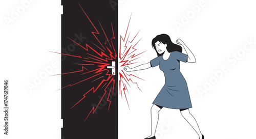 Cartoon image displaying anger and frustration with a woman punching door furiously showing strong