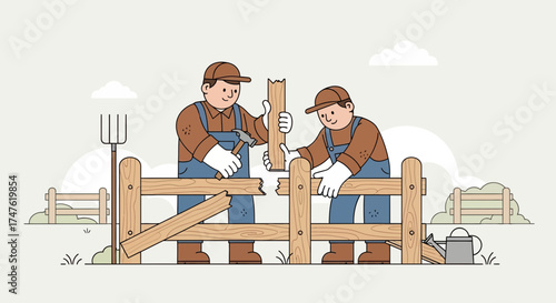 Cartoon vector illustration of two farmers repairing a wooden fence in a rural setting