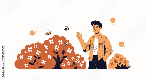 Cheerful man surrounded by blooming flowers and buzzing bees on a sunny day illustration