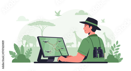 Conservationist using drones to monitor wildlife in an African safari setting illustration
