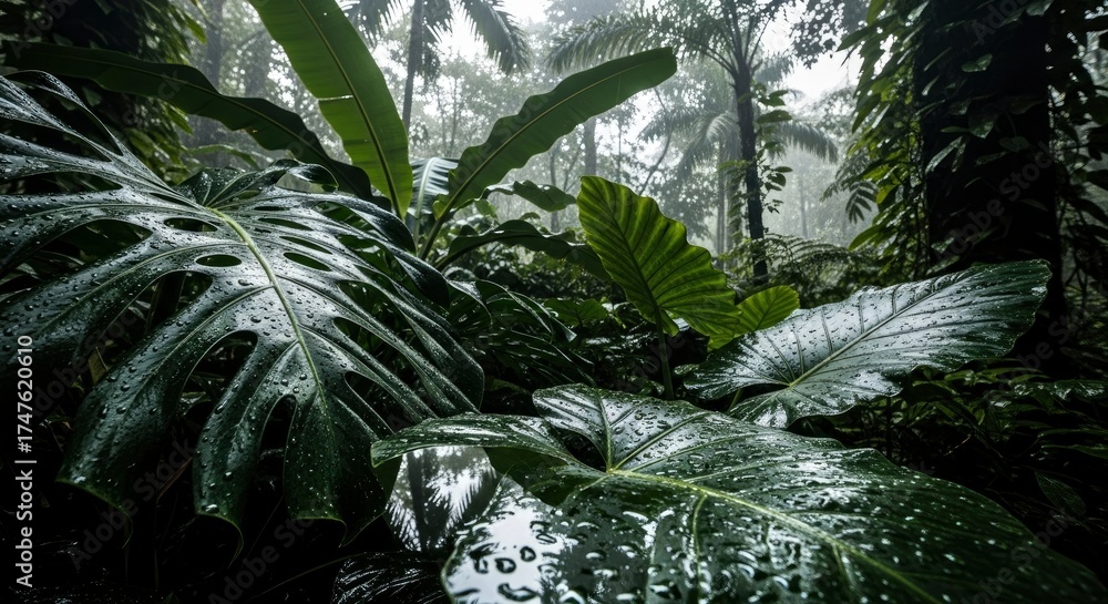 Obraz premium Lush Wet Tropical Rainforest Foliage with Raindrops in Misty Atmosphere