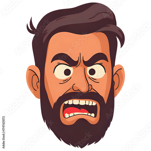 Cartoon man with dark hair and beard expressing anger face