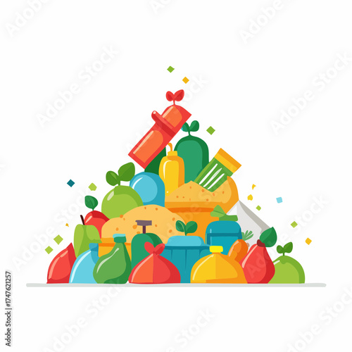 garbage pile with colorful plastic and food waste. Concept of pollution recycling