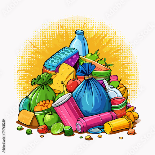 garbage pile with colorful plastic and food waste. Concept of pollution recycling